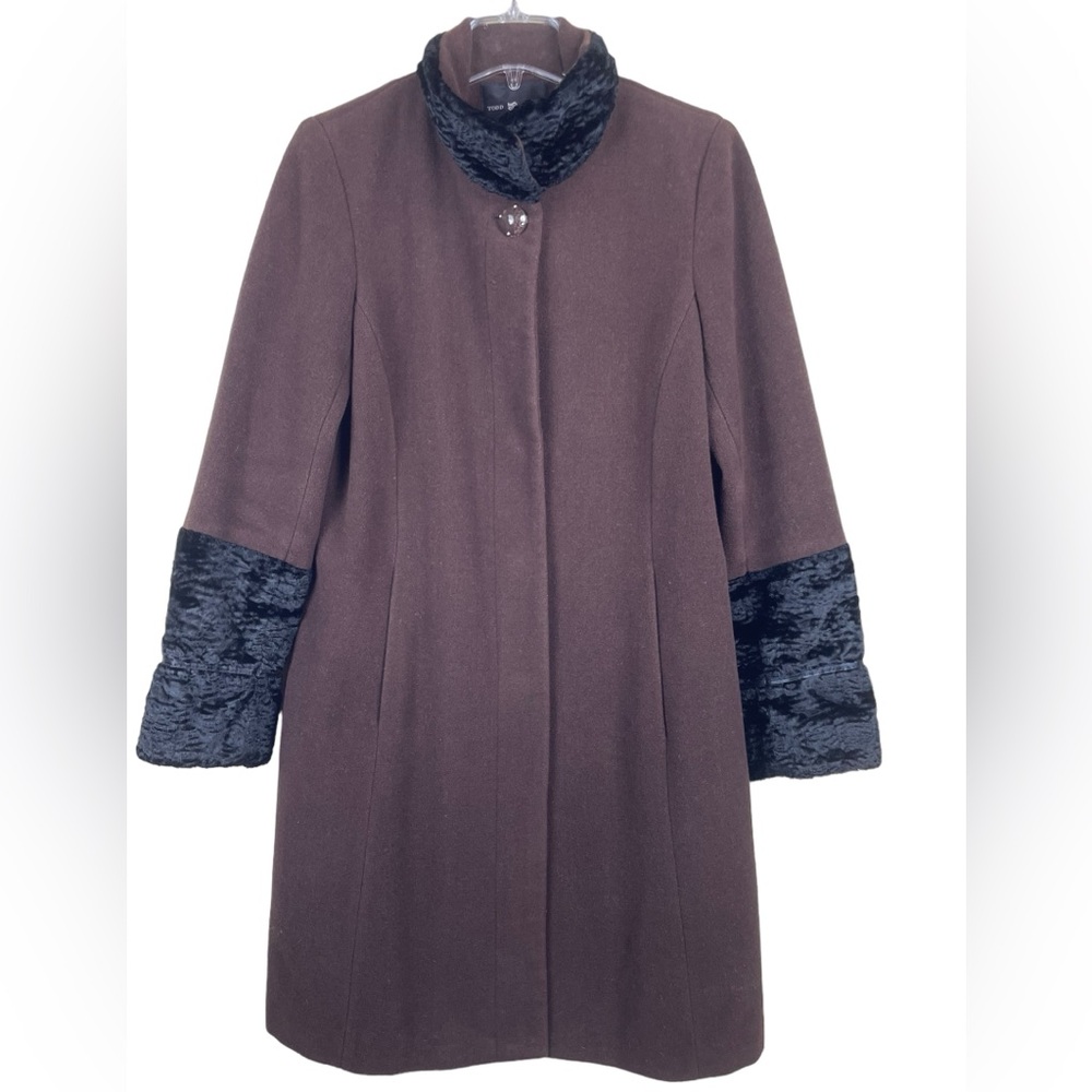Todd Smith Brown 100% Wool Long Dress Coat with Black Trim Neck & Cuffs Sz 10
